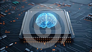 Futuristic central processing unit with a glowing blue human brain display