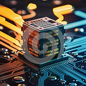 Futuristic central processor unit. Powerful Quantum CPU on PCB motherboard with data transfers.