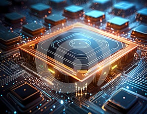 Futuristic central processor unit. Powerful Quantum CPU on PCB motherboard with data transfers. photo