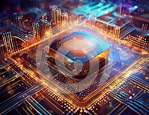 Futuristic central processor unit. Powerful Quantum CPU on PCB motherboard with data transfers. photo