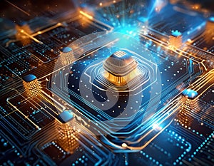 Futuristic central processor unit. Powerful Quantum CPU on PCB motherboard with data transfers. photo