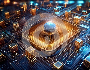 Futuristic central processor unit. Powerful Quantum CPU on PCB motherboard with data transfers. photo