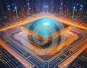 Futuristic central processor unit. Powerful Quantum CPU on PCB motherboard with data transfers. photo