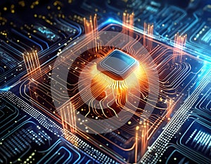 Futuristic central processor unit. Powerful Quantum CPU on PCB motherboard with data transfers. photo