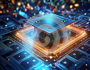 Futuristic central processor unit. Powerful Quantum CPU on PCB motherboard with data transfers. photo