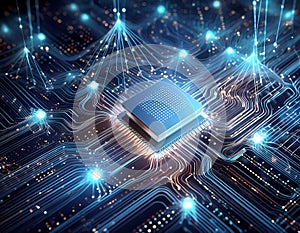 Futuristic central processor unit. Powerful Quantum CPU on PCB motherboard with data transfers. photo