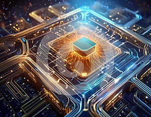 Futuristic central processor unit. Powerful Quantum CPU on PCB motherboard with data transfers. photo