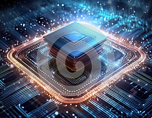 Futuristic central processor unit. Powerful Quantum CPU on PCB motherboard with data transfers. photo