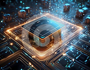 Futuristic central processor unit. Powerful Quantum CPU on PCB motherboard with data transfers. photo