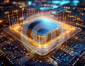 Futuristic central processor unit. Powerful Quantum CPU on PCB motherboard with data transfers. photo