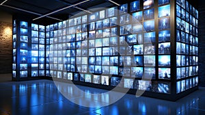 Futuristic chamber featuring a multitude of monitors and screens. Generative AI