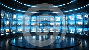 Futuristic chamber featuring a multitude of monitors and screens. Generative AI