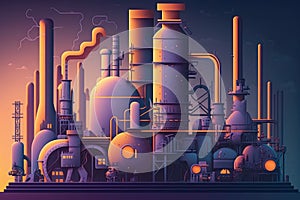 a futuristic chemical refinery with automated machinery and robots performing chemical processing