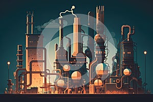 a futuristic chemical refinery with automated machinery and robots performing chemical processing