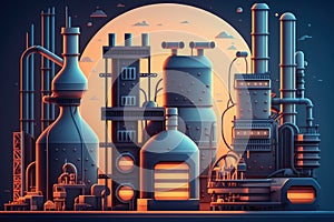 a futuristic chemical refinery with automated machinery and robots performing chemical processing