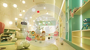 Futuristic childcare robot in a colorful nursery with playful design