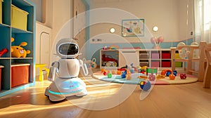 Futuristic childcare robot in a colorful nursery with toys and shelves
