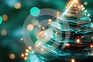 Futuristic christmas tree on circuit board with glowing holiday lights