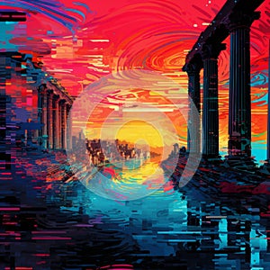 Futuristic Chromatic Waves: Roman Ruin Art With A Y2k Databending Twist