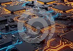 A futuristic circuit board with black microchips connected by