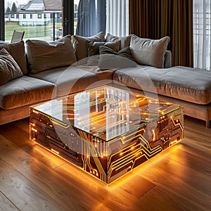 Futuristic circuit board coffee table with glowing lights