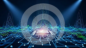 Futuristic circuit board with glowing data streams and processor abstract technology