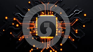 Futuristic circuit board with glowing elements and a central processor