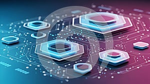Futuristic circuit board with glowing hexagons and neon lights
