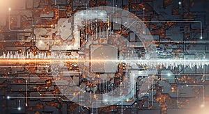 Futuristic circuit board with glowing lines and data visualization overlay