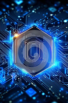 Futuristic circuit board with hexagonal processor and advanced data processing technology design