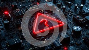 Futuristic circuit board with illuminated red question mark inside a triangle symbol, high-tech digital background