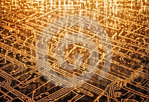 Futuristic Circuit Board Pattern, Glowing Gold Technology Background for Digital Design and Web Graphics