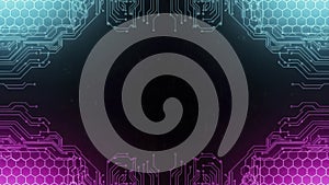 Futuristic circuit board pattern with glowing neon lights and hexagonal grid on dark background