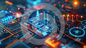 Futuristic circuit board pulsating with information and data