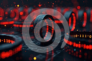 Futuristic circuits with glowing red binary code in a digital landscape.