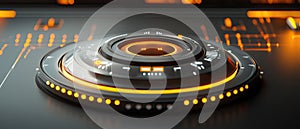 Futuristic Circular Control Interface with Glowing Orange HUD Elements
