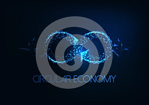 Futuristic circular economy concept with glowing low polygonal infinity sign isolated on dark blue