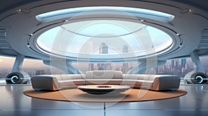 Futuristic circular Living room in refined style mainly in light grey color with natural lighting