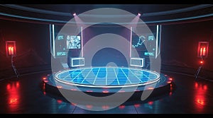 Futuristic Circular Platform with Glowing Blue Grid & Holographic Display Sci-Fi Stage & Neon Lights photo