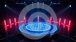 Futuristic Circular Platform with Glowing Blue Grid & Holographic Display Sci-Fi Stage & Neon Lights photo