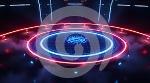 Futuristic Circular Platform with Glowing Blue Grid & Holographic Display Sci-Fi Stage & Neon Lights photo