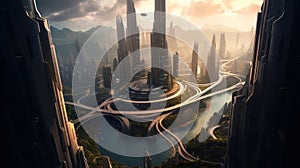 Futuristic cities scene. Futuristic cityscape creative concept illustration with fantastic skyscrapers. Generative AI