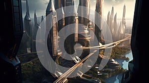 Futuristic cities scene. Futuristic cityscape creative concept illustration with fantastic skyscrapers. Generative AI