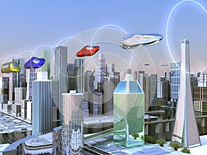 Futuristic city with air vehicles moving between the buildings photo