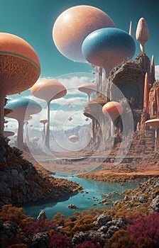 futuristic city on alien planet, river and mountains, generative ai illustration, science fiction scene