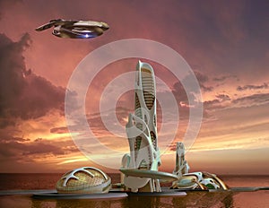 Futuristic city architecture for fantasy and science fiction ill