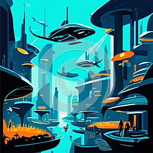 Futuristic city background. Cartoon vector illustration of futuristic city. Generative AI