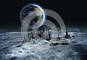 Futuristic city, base, town on moon. The space view of the planet earth. expedition. 3d rendering