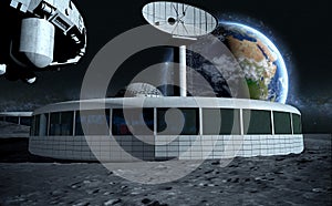 Futuristic city, base, town on moon. The space view of the planet earth. expedition. 3d rendering