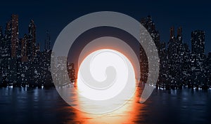 Dark futuristic city with citcuit dots at sunset